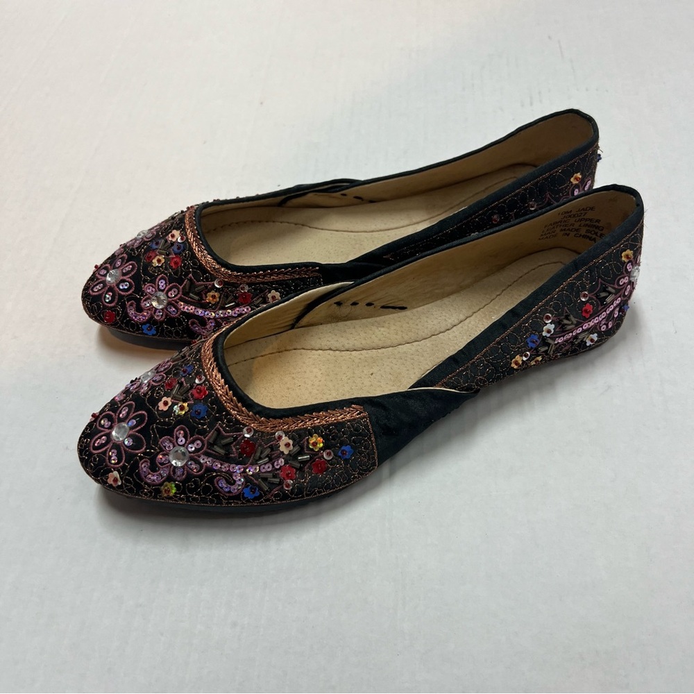 Tribeca Women’s 10 M Black Embroidered Satin Sequin Jeweled Jade Ballet Flats